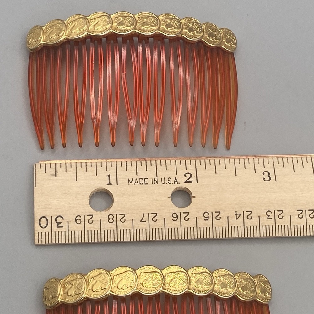Vintage Plastic Hair Combs Gold Tone Metal Roman Coins Made in USA 2pcs - Picture 7 of 7